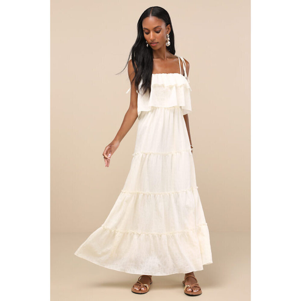 Lulus Inaya Ivory Textured Tie-strap Tiered Maxi Dress White - Size L